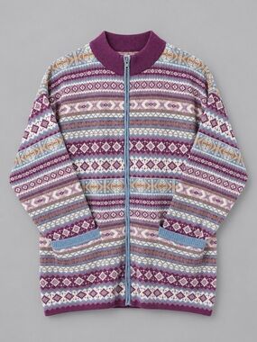 Vintage 90s Lizsport Fair Isle Knit Full Zip Sweater Jacket Cotton Purple S